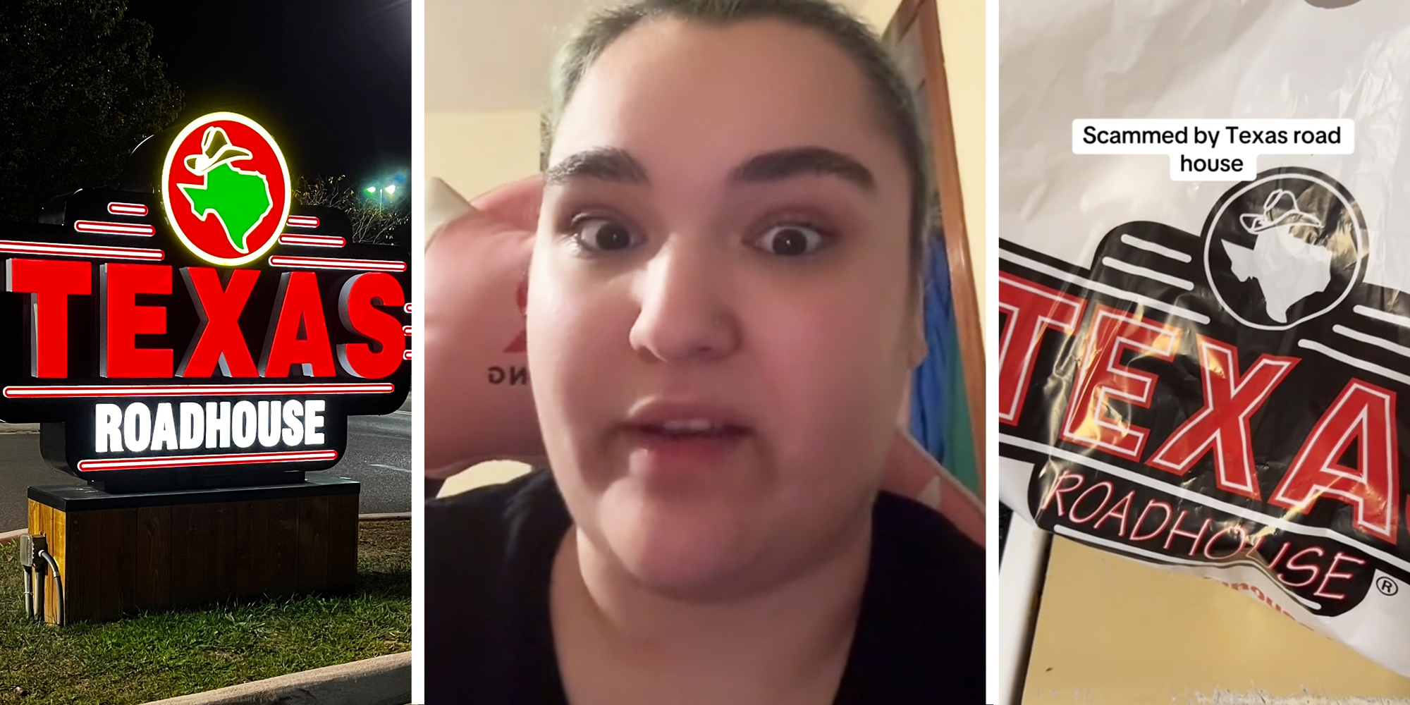 Texas Roadhouse sign(l), Woman talking(c), Texas Roadhouse to-go bag with text that says "Scammed by Texas Roadhouse"(r)