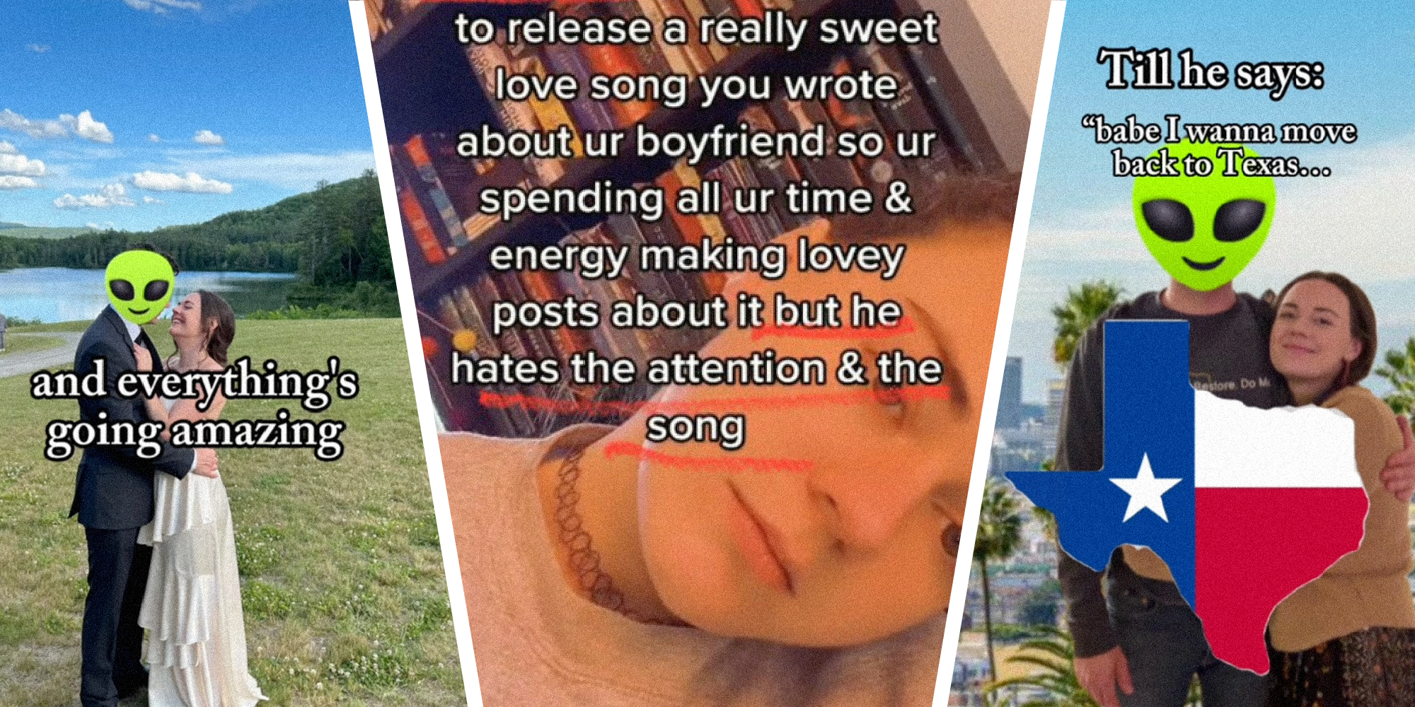 3 panel image showing scenes from a couple's relationship.