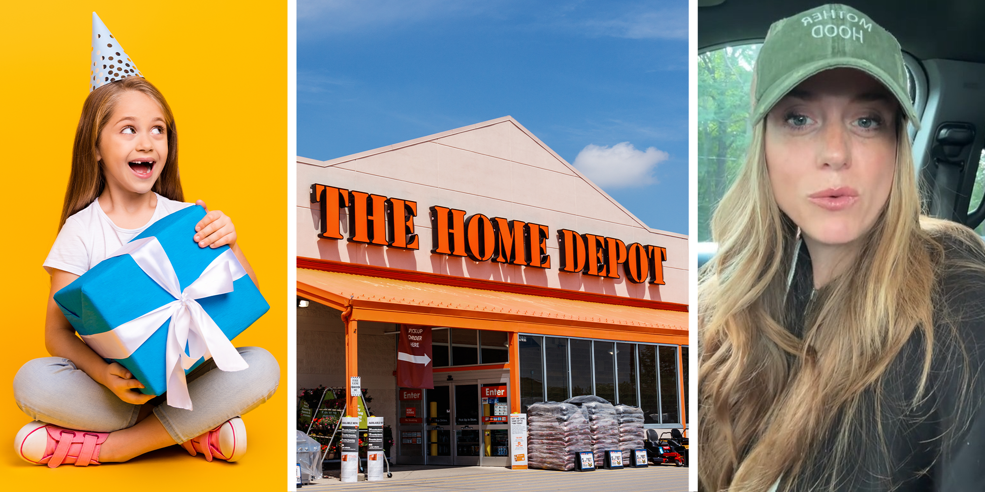 Child holding present(l) Home Depot Store Front (c) Woman wearing green cap(r)