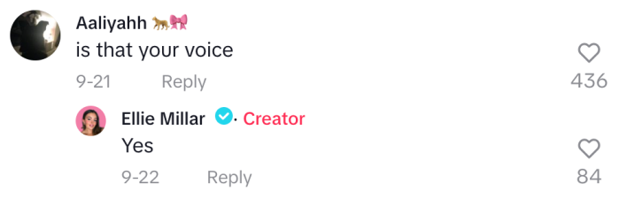 A comment on a Scream Chicken Game TikTok video that reads, "is that your voice" with the original poster replying, "Yes"