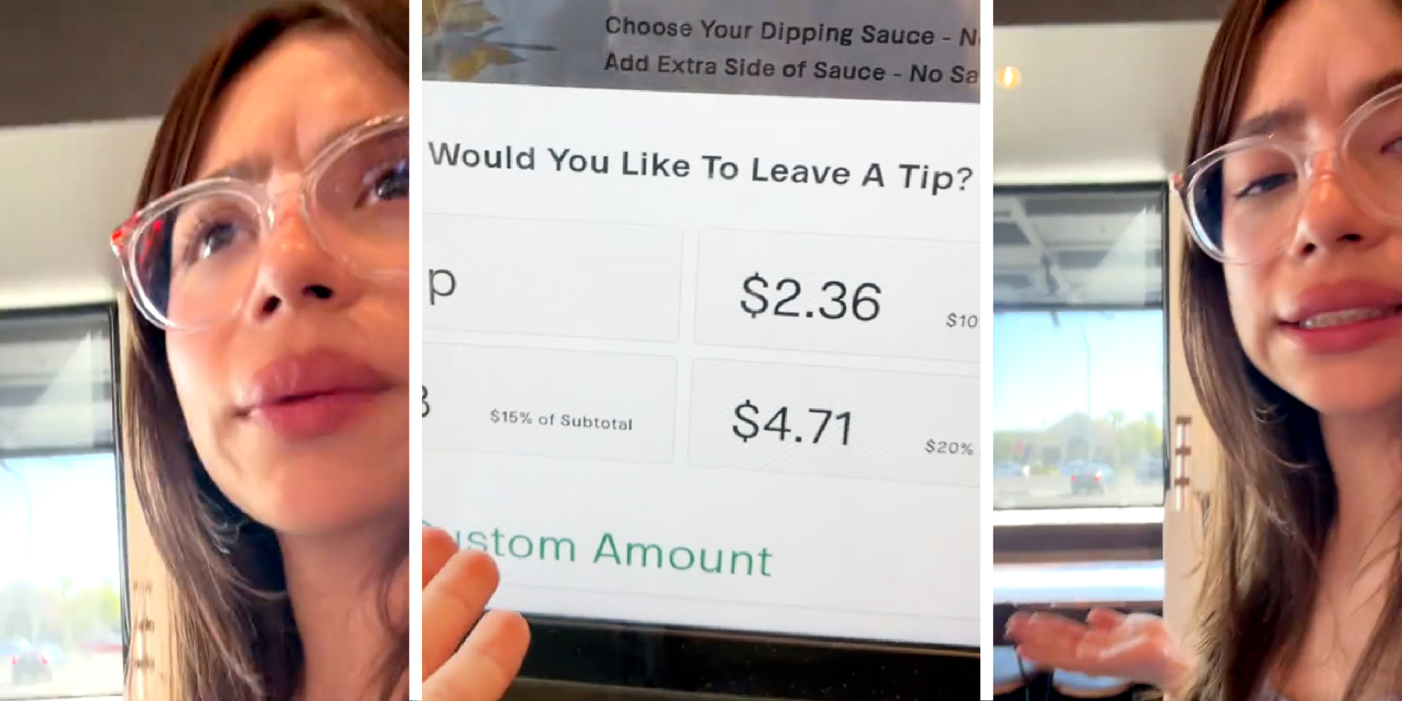 3 panel showing a person confused using a kiosk to order food.