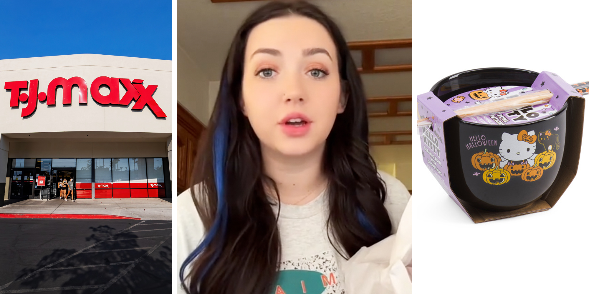 TJ Maxx(l), Woman talking(c), Hello Kitty Halloween ceramic(r)