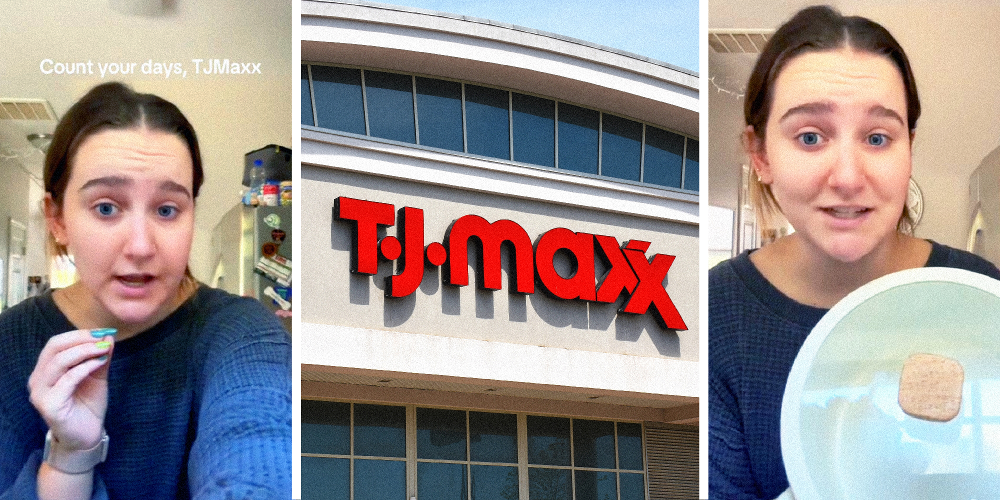 3 panel image. On the left is a woman with the text "count your days, TJ Maxx", in the middle is the exterior of a TJ Maxx store, on the right we see the same woman holding up a pot.