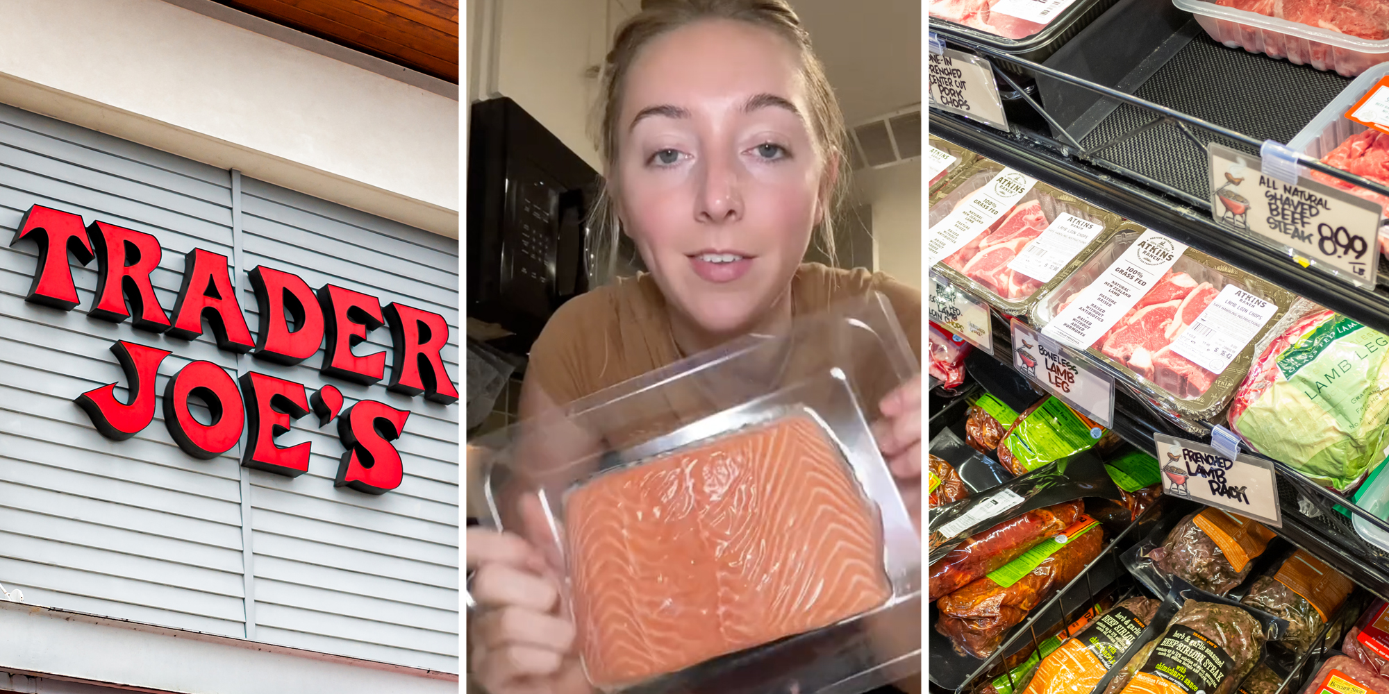 Trader Joe's sign(l), Woman holding salmon package(c), Trader Joe's meat section(r)