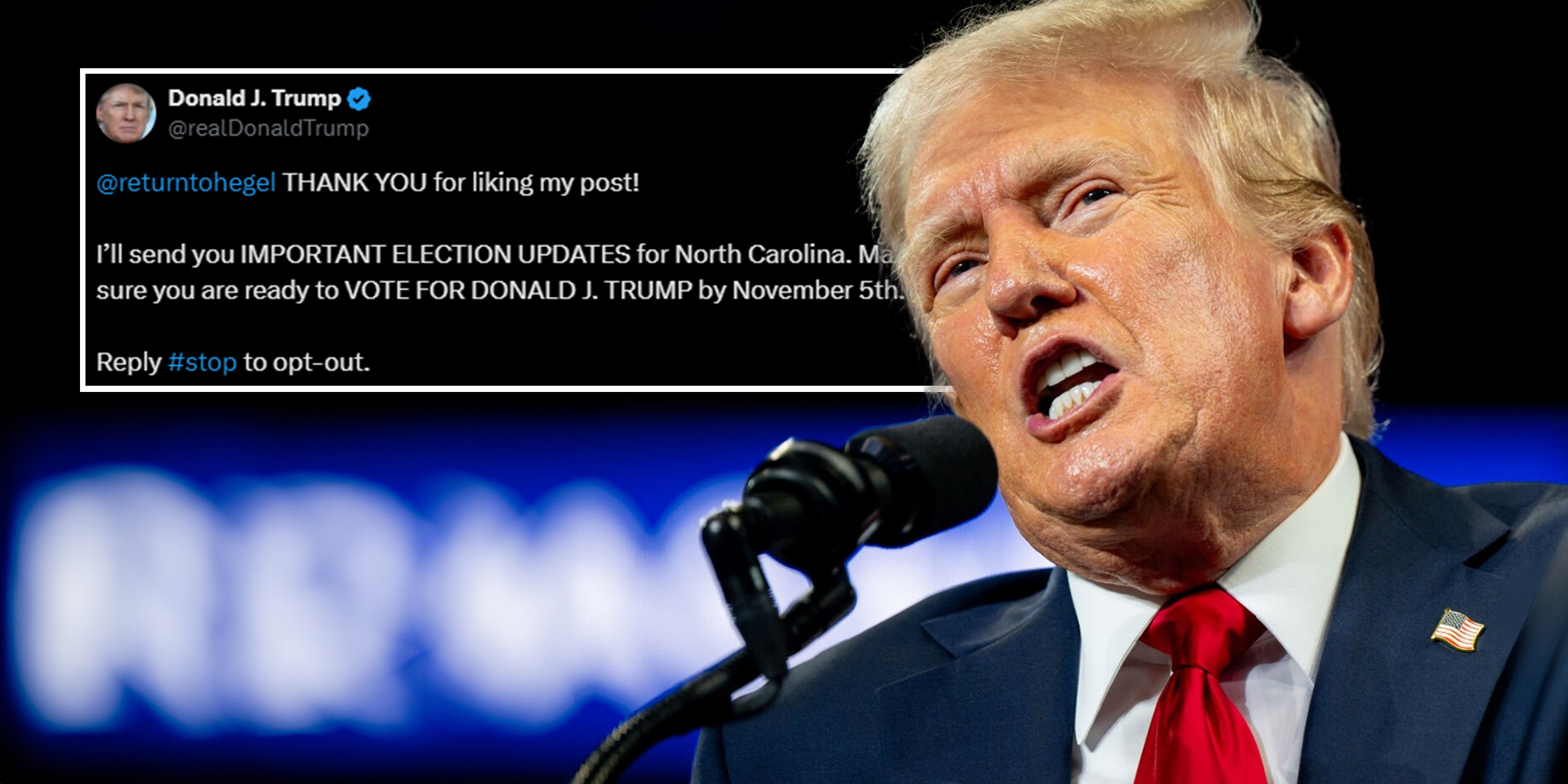 Donald Trump with X message in the background