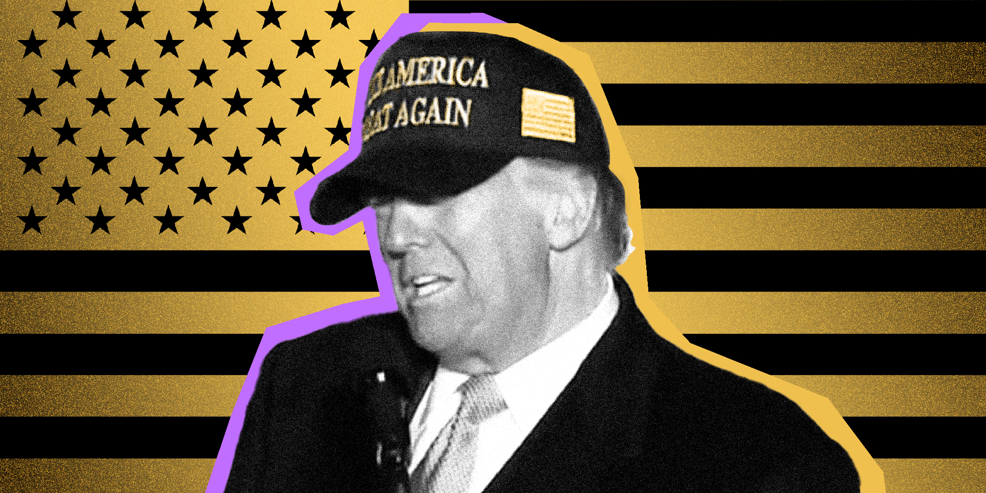 Donald Trump wears a new gold on black "Make America Great Again" hat. Behind him is a gold and black American flag.