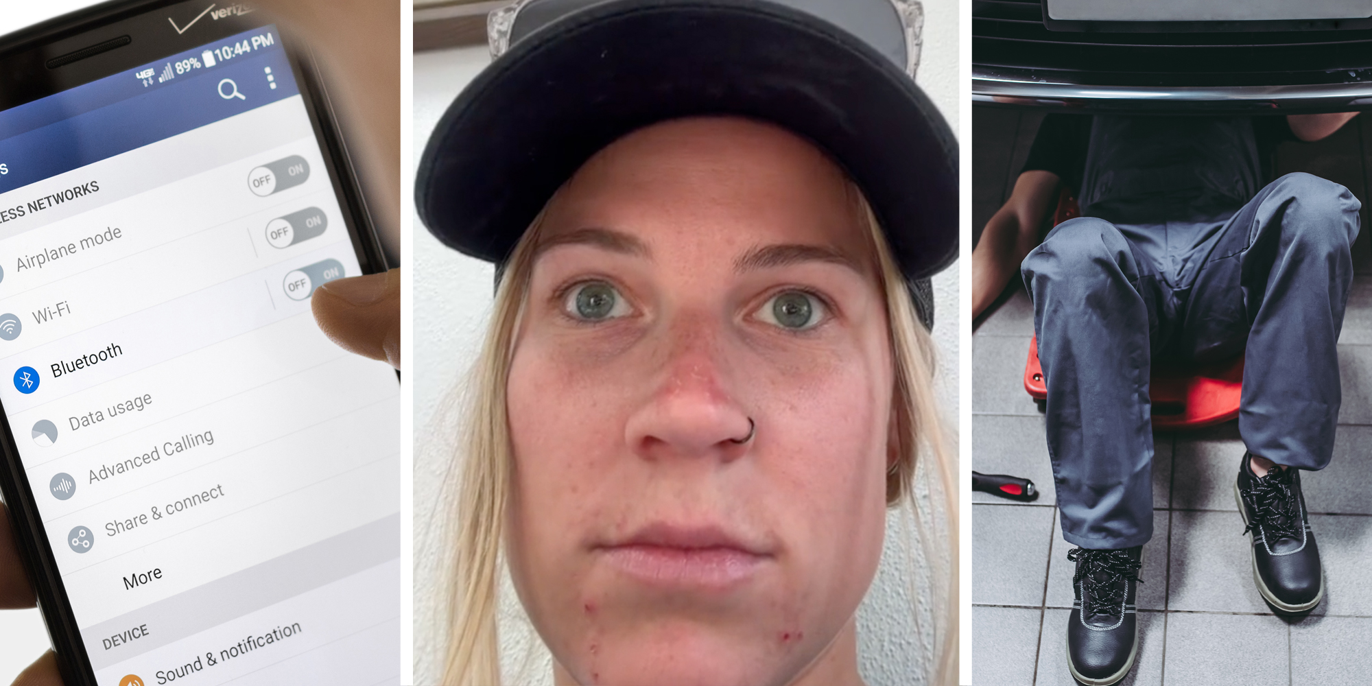 Hand holding phone with bluetooth settings(l), Woman looking off(c), Mechanic under car(r)