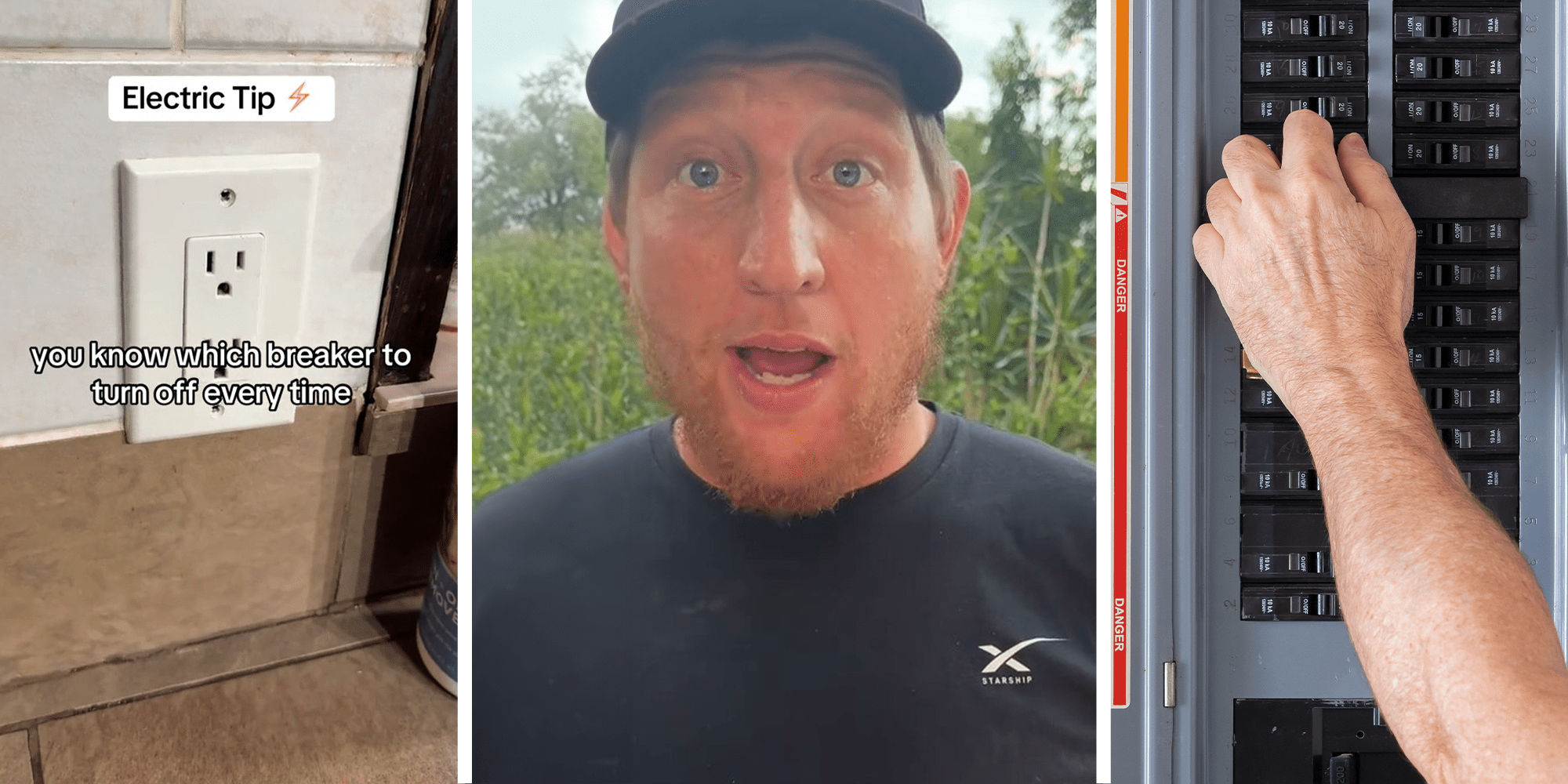 Outlet on wall(l) electrician sharing tips(c) Breaker(r)