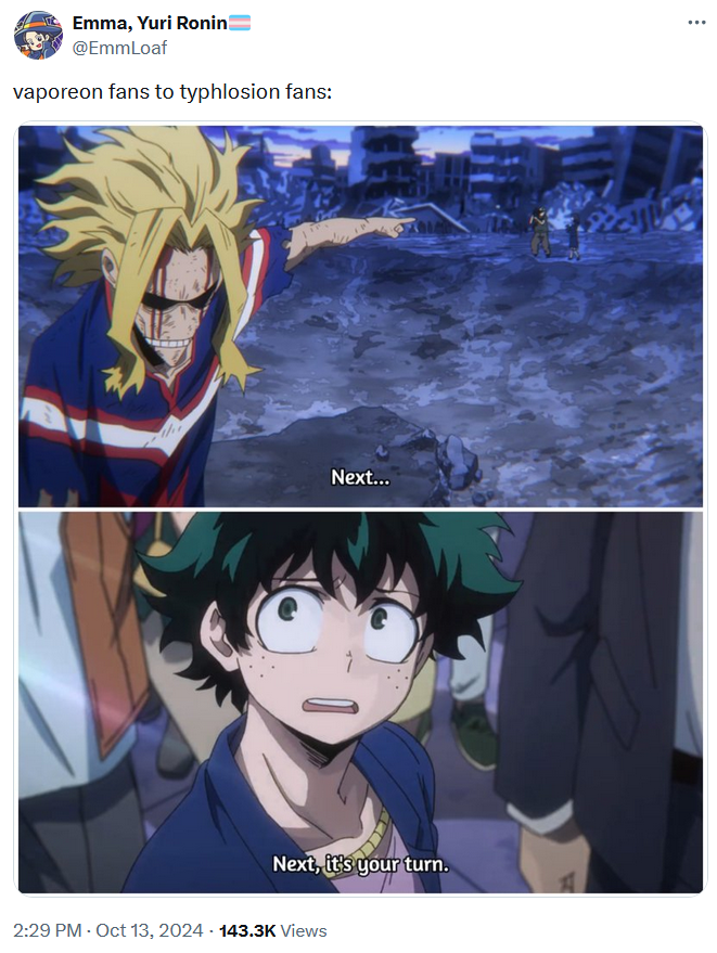 Vaporeon joke with two anime screenshots of a man telling a kid it's his turn.