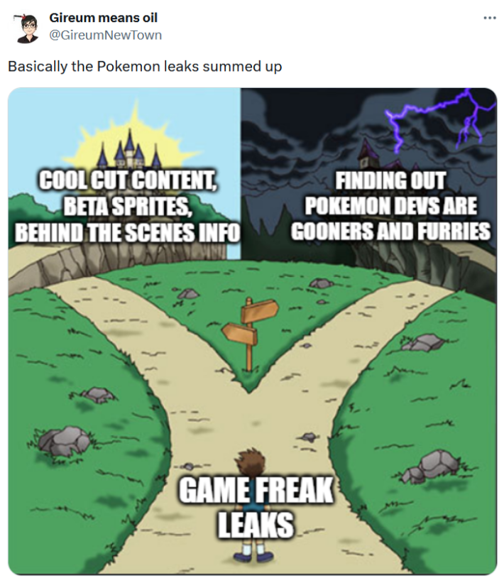 Game Freak leak joke in the two paths format.