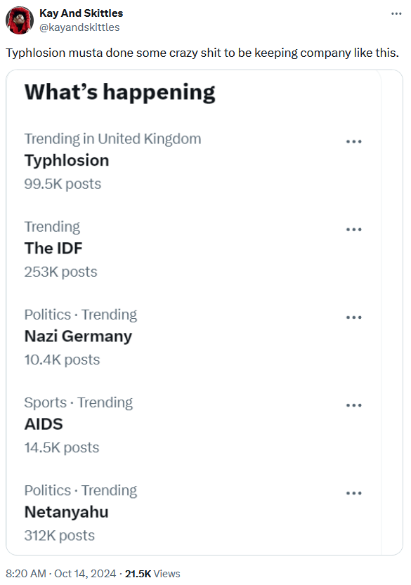 Typhlosion meme with a screenshot of the "What's happening" section of Twitter.