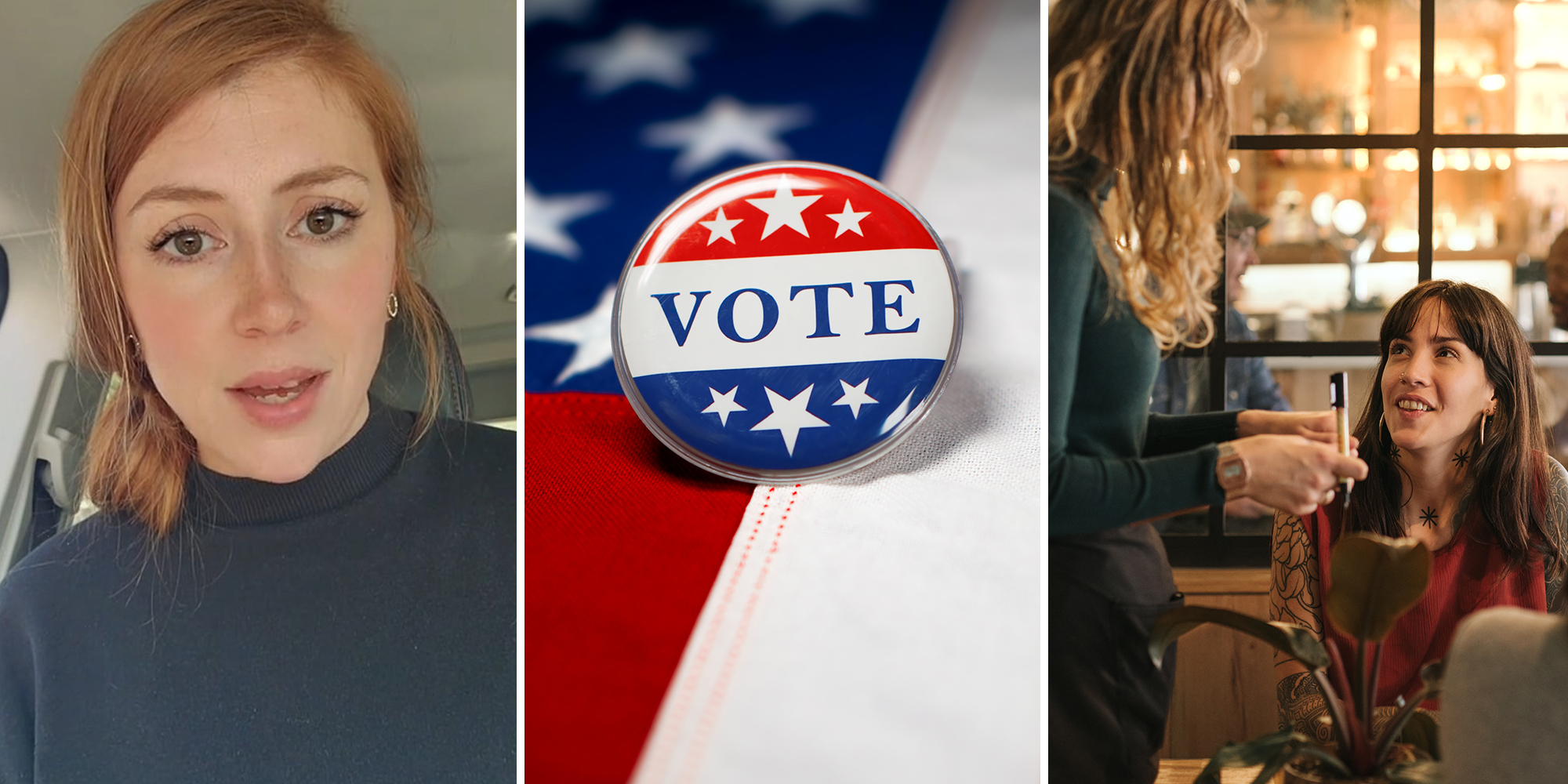 Server sharing her experience with a customer on tiktok(l) Vote Pin(c) Server talking to customer (r)