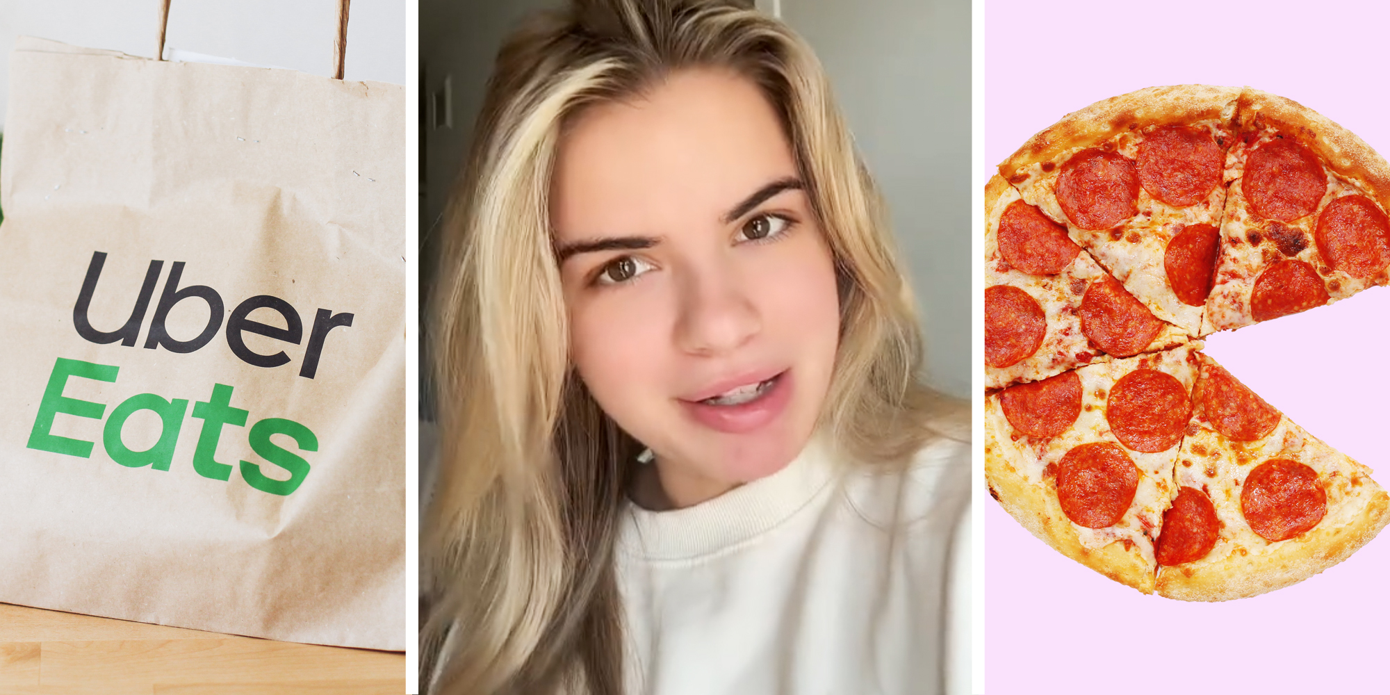 Uber Eats bag(l), Woman talking(c), Pepperoni Pizza(r)