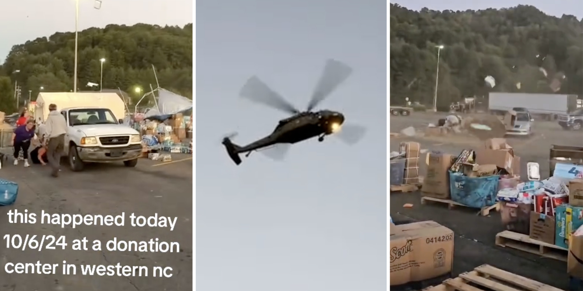 People hiding behind van while tent turns over and text that says "this happened today 10/6/24 at a donation center in western nc(l), Helicopter in the air(c), Things flying around parking lot(r)