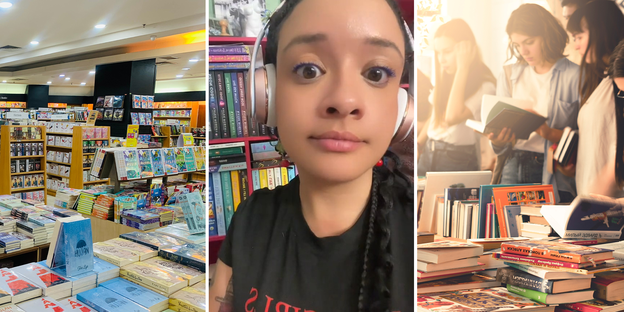 Book Store(l) Woman wearing headphones(c) Different people buying used books(r)