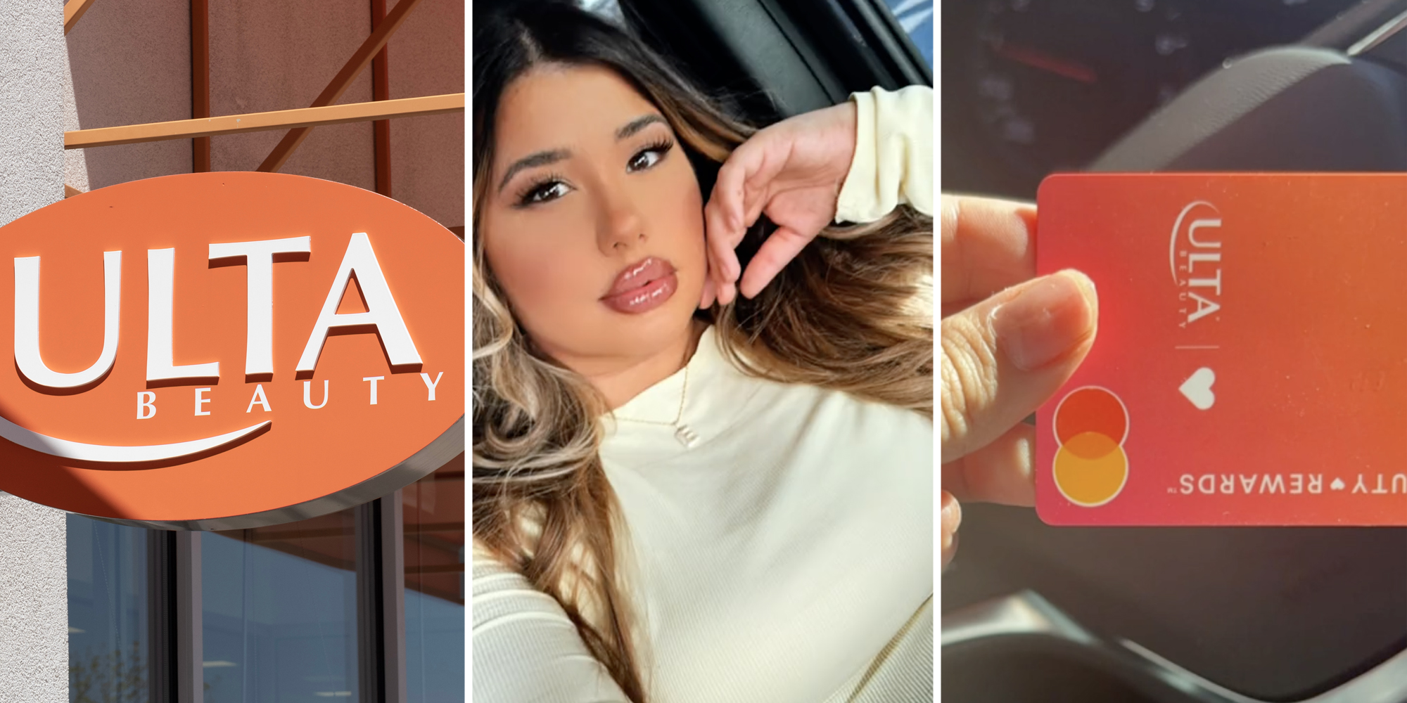Ulta sign(l), Woman in car(c), Hand holding ulta credit card(r)