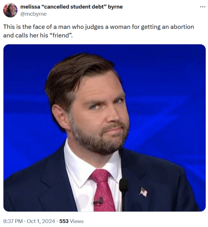 Vance looking into camera meme about pro-lifers pretending to be friends with women.