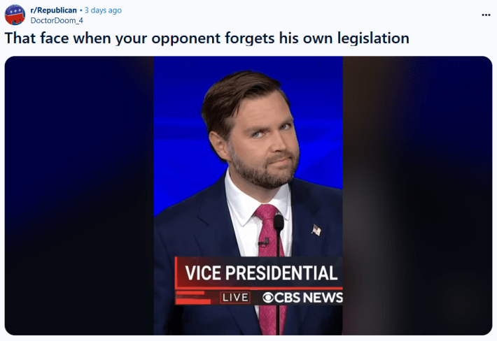 Vance side eye meme accusing Tim Walz of forgetting his own legislation.