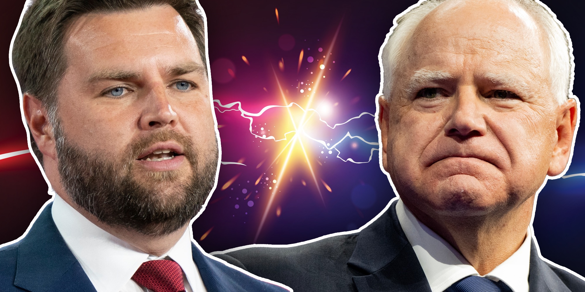 Vice President debate memes: JD Vance and Tim Walz with colliding red and blue lighting behind them