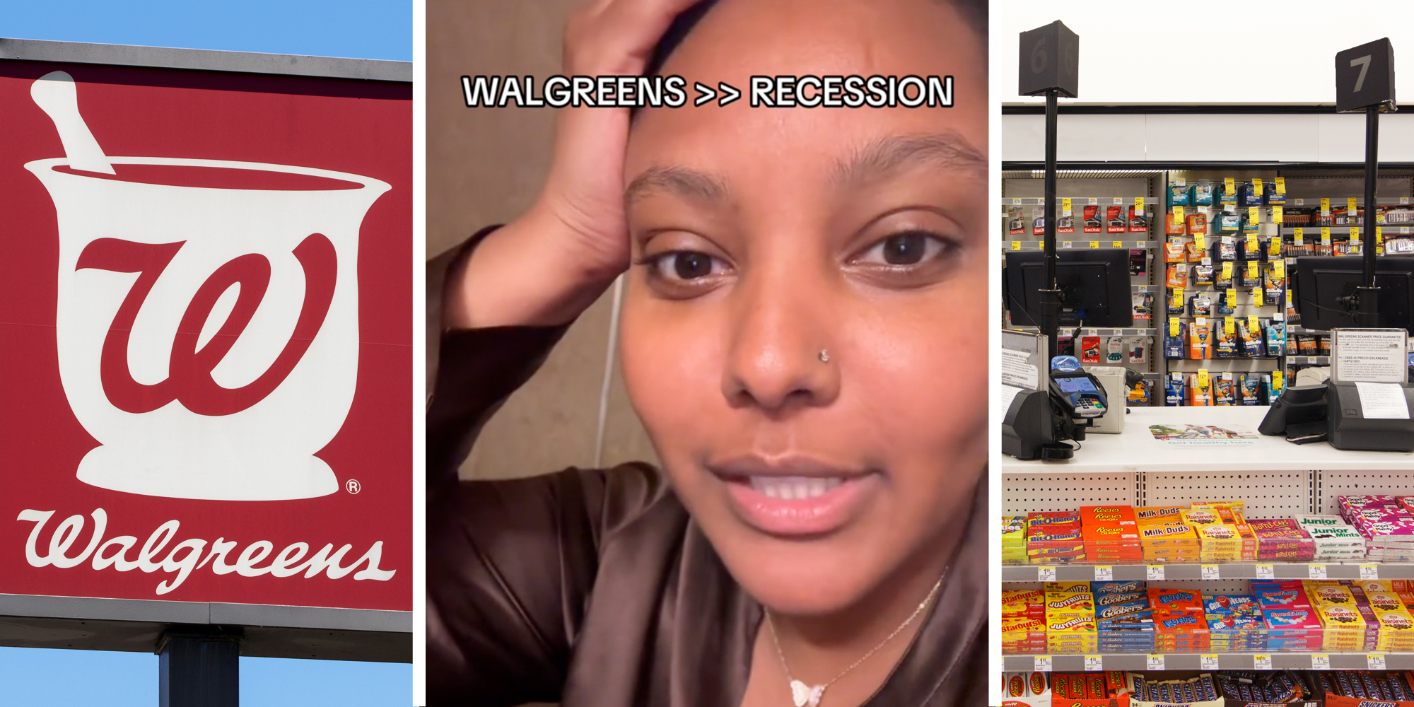 Walgreens sign(l),Woman talking with text that says "walgreens >> recession"(c), Cashier at walgreens(r)