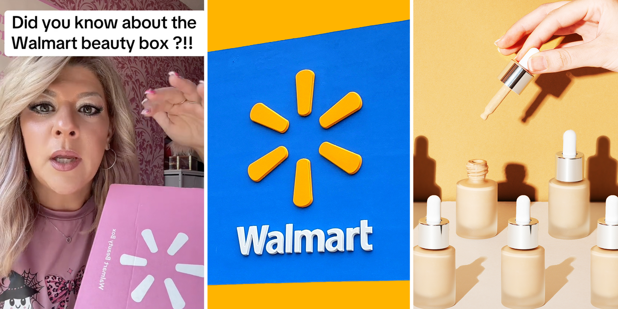 Woman with Walmart beauty box(l), Walmart sign(c), Hand taking top from foundation(r)