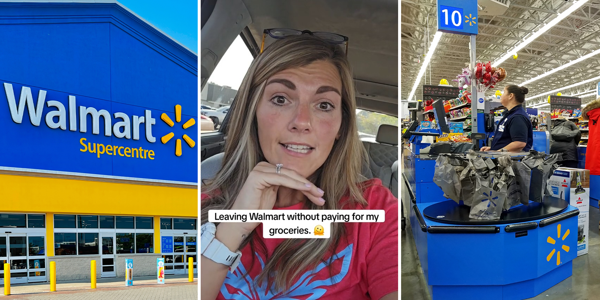 Walmart Store Front(l) Woman sharing walmart story on tiktok(c) Walmart Cashier(r)