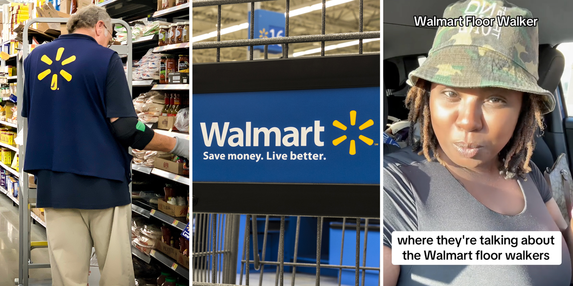 Walmart worker restocking shelves(l), Walmart sign on cart(c), Woman talking with text that says "Walmart Floor Walker - where they're talking about the Walmart floor walkers"(r)