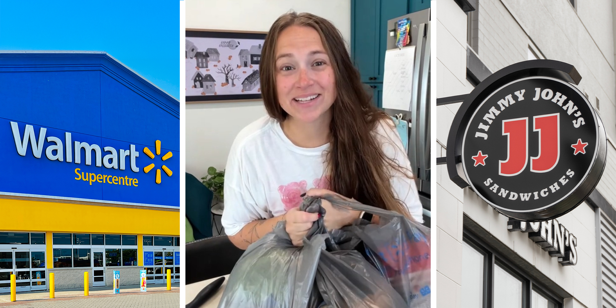 Walmart Store Front(l) Woman holding bags(c) Jimmy Johns Sandwiches(r)