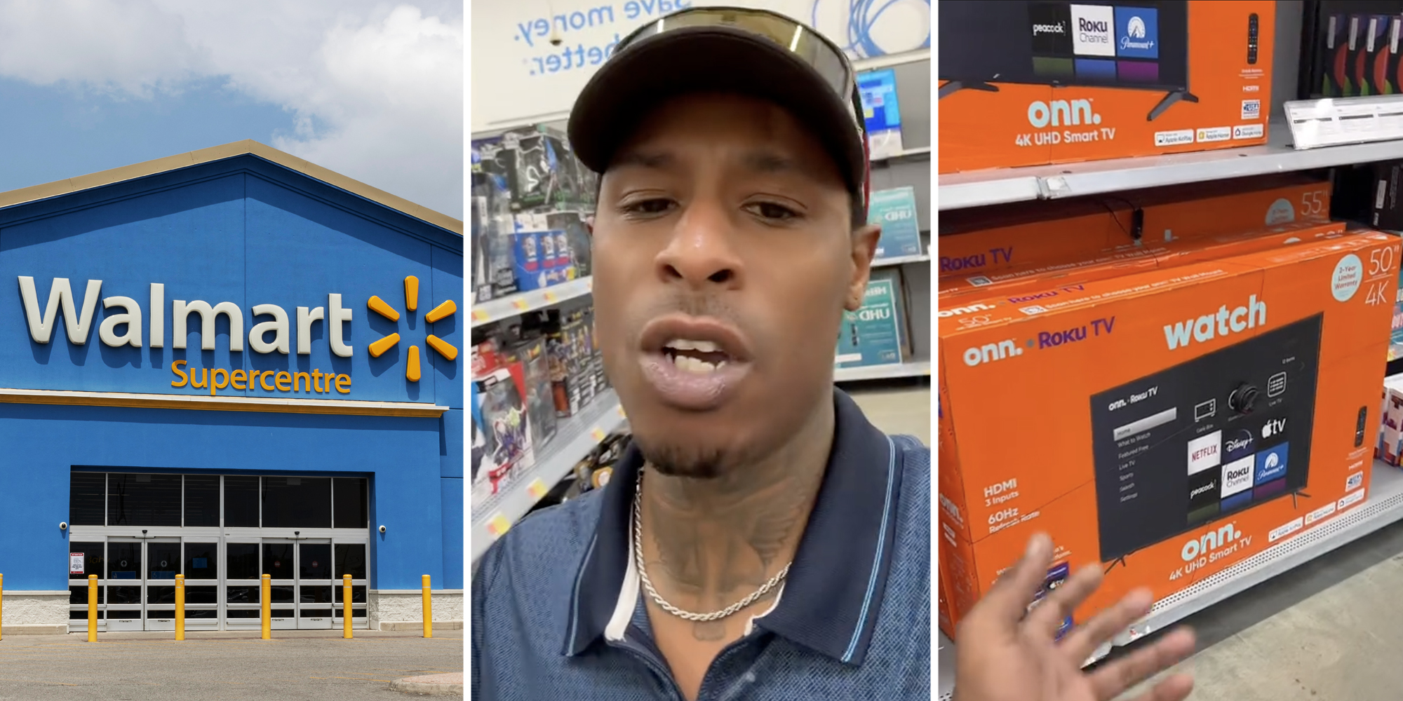 Walmart storefront(l), Man talking(c), Hand gesturing to tvs in boxes(r)