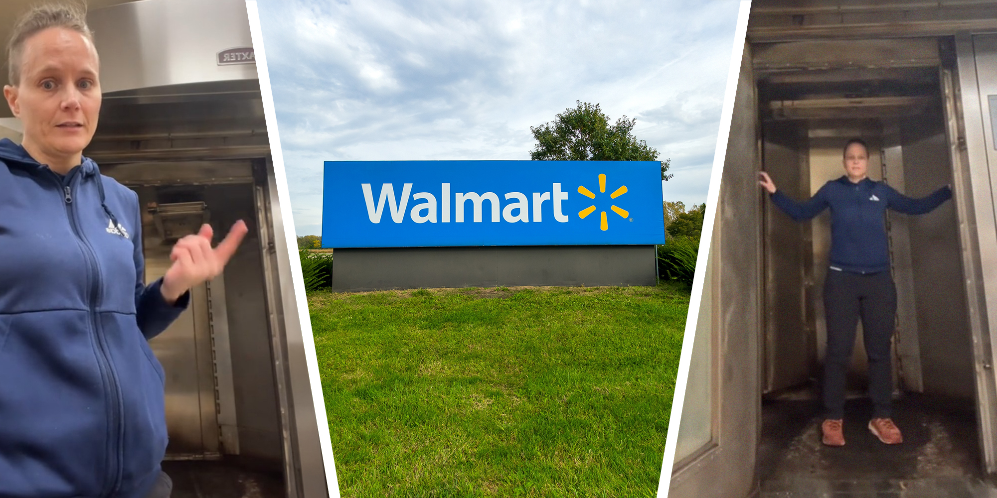 Walmart Employee testing out Oven; Walmart Sign