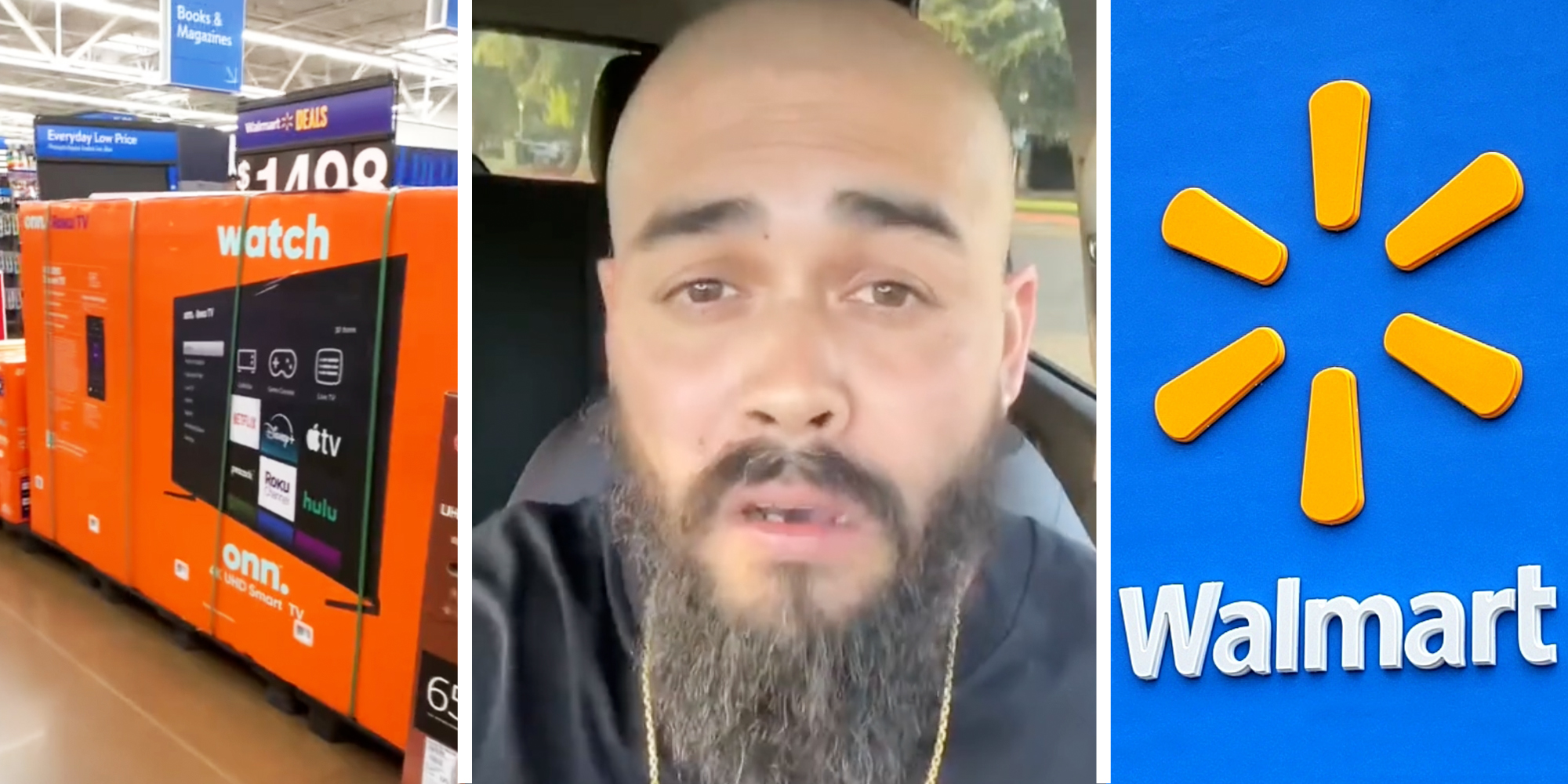 Roku TV(l), Man talking(c), Walmart logo(r)