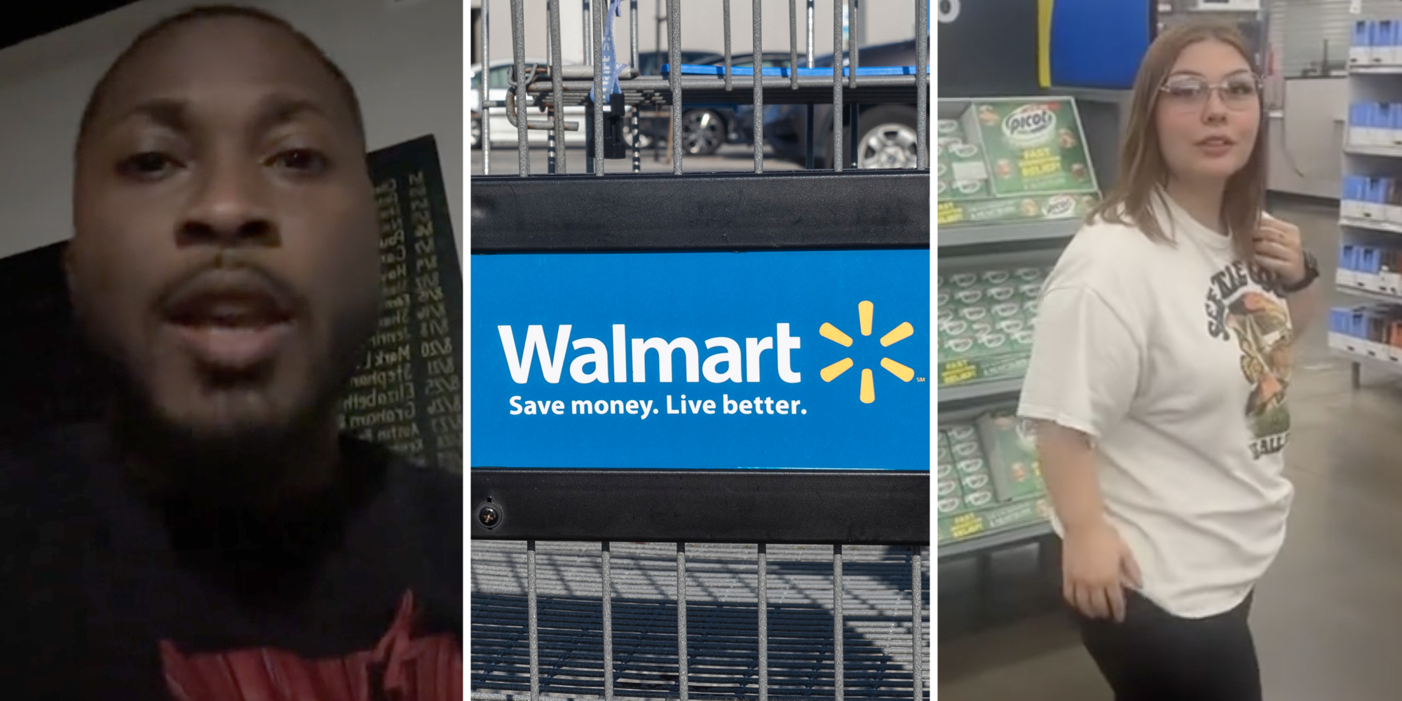 Man talking(l), walmart cart(c), Secret Shopper caught(r)