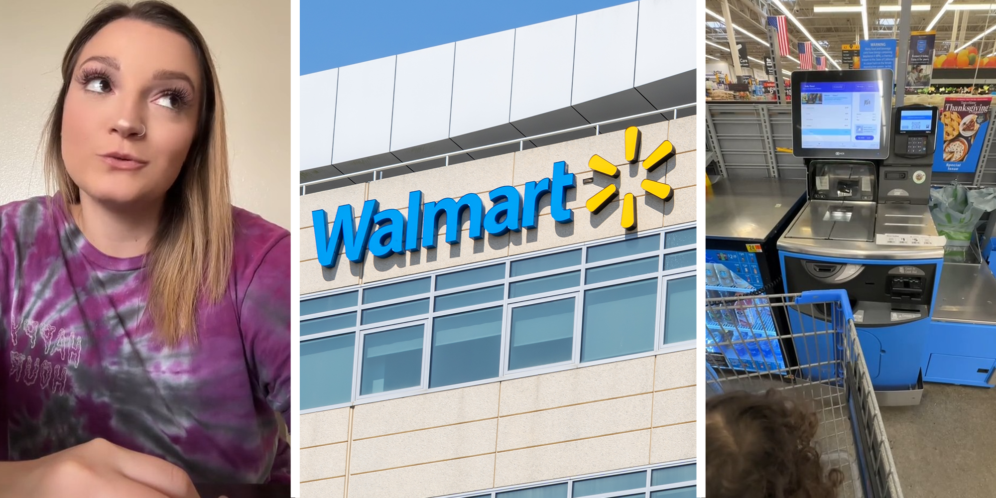 Woman glancing to the side(l) Walmart Store Sign on Building(c) Walmart self checkout(r)