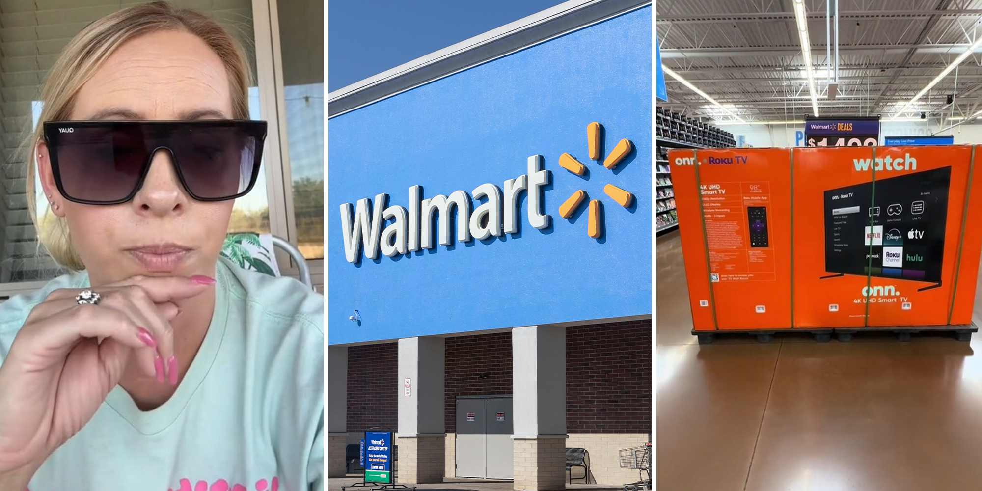 woman wearing sunglasses(l) Walmart Store(c) 98" Roku TV (r)