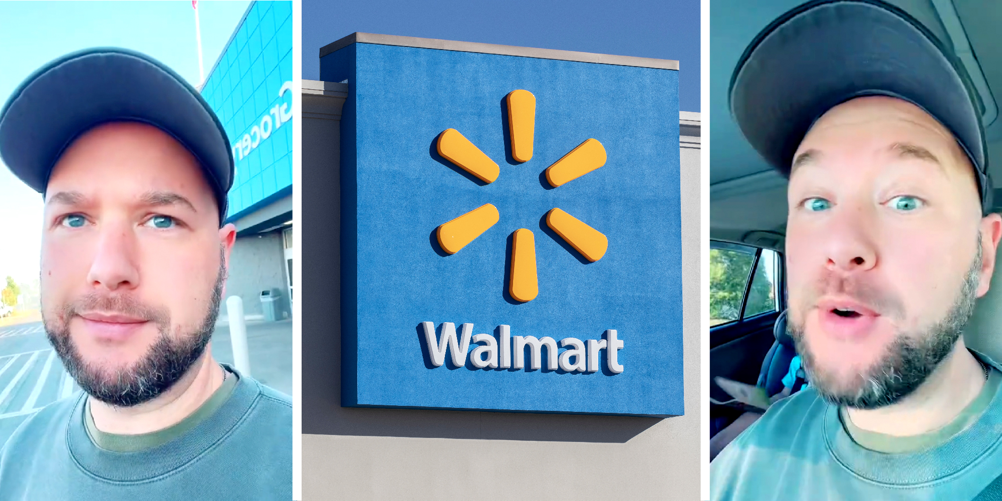 3 panel image of a bearded person and the exterior sign on a Walmart store.