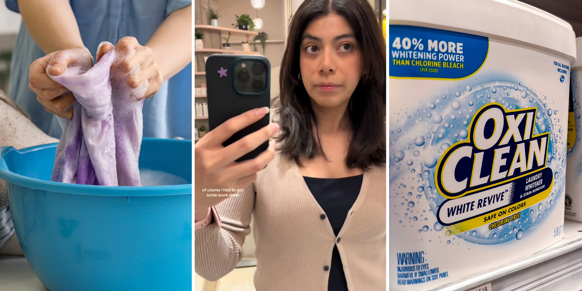 wringing out clothes(l) Woman taking a selfie(c) Oxiclean White Revive container on shelf(r)