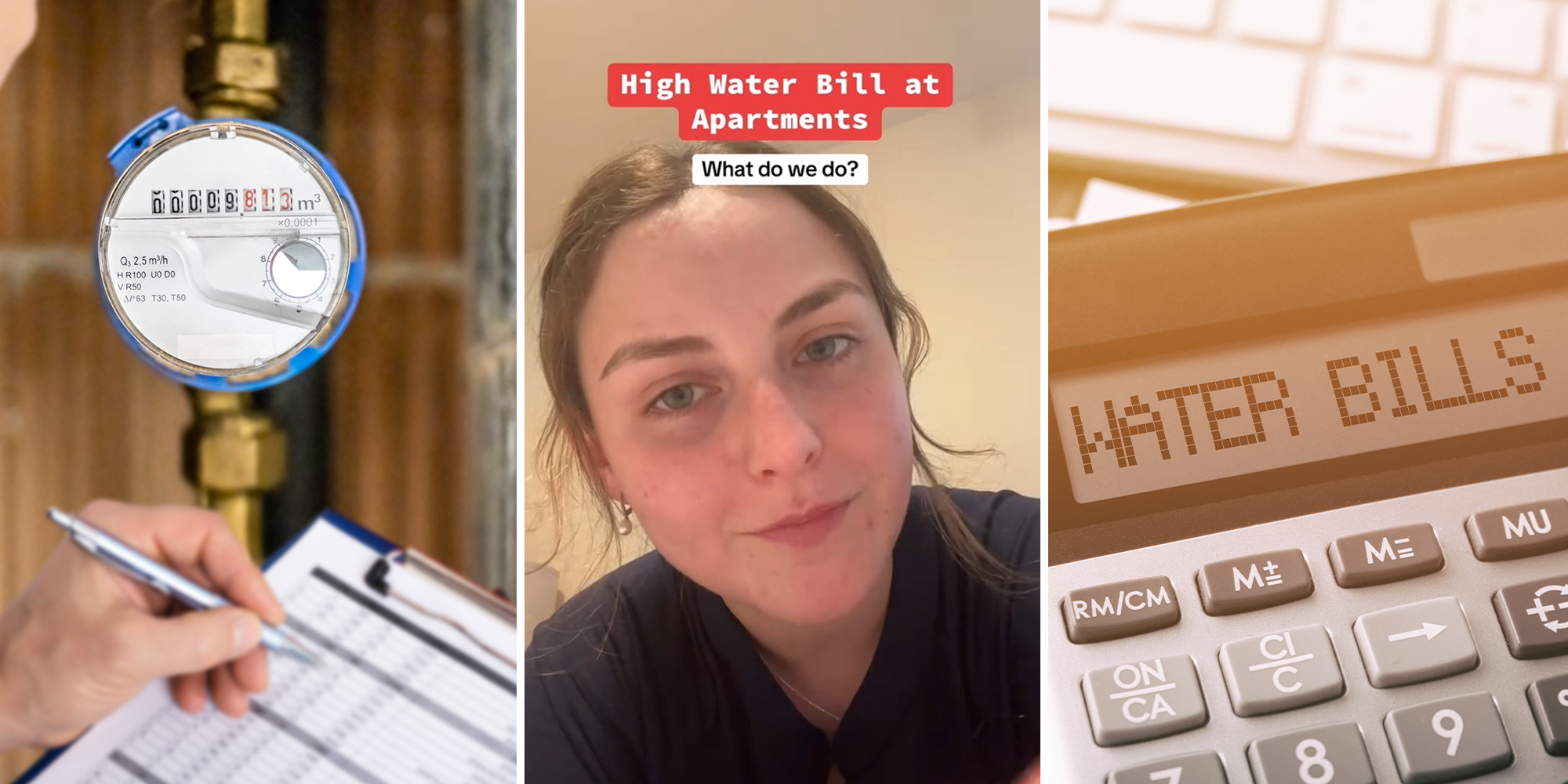 Technician With Clipboard Reading Water Meter(l) ?Woman with light green eyes sharing a story on tiktok(c) Calculator with digital text showing words WATER BILLS(r)