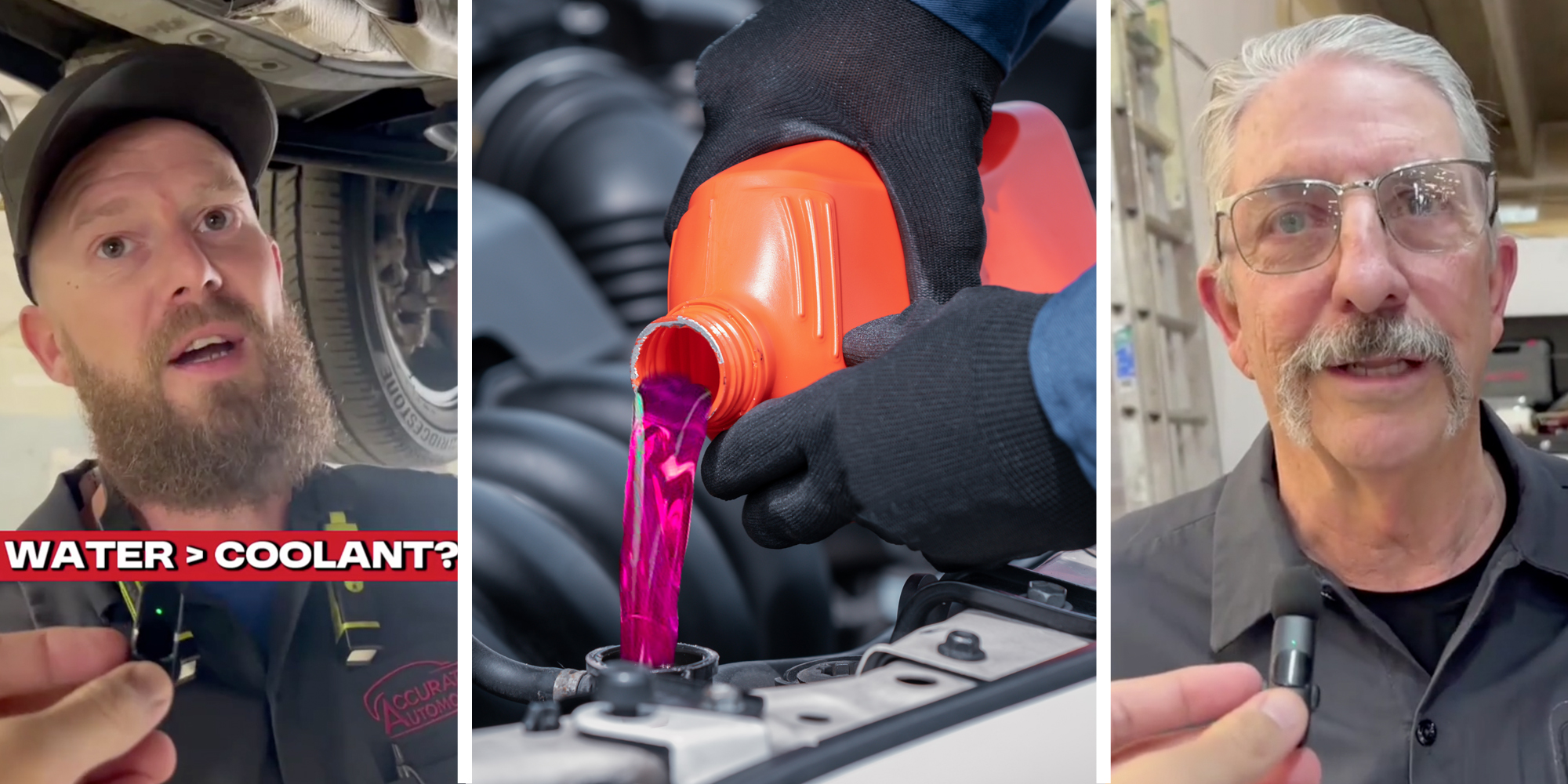 Mechanic 1 talking(l), Coolant being poured into car(c), Mechanic 2 talking(r)