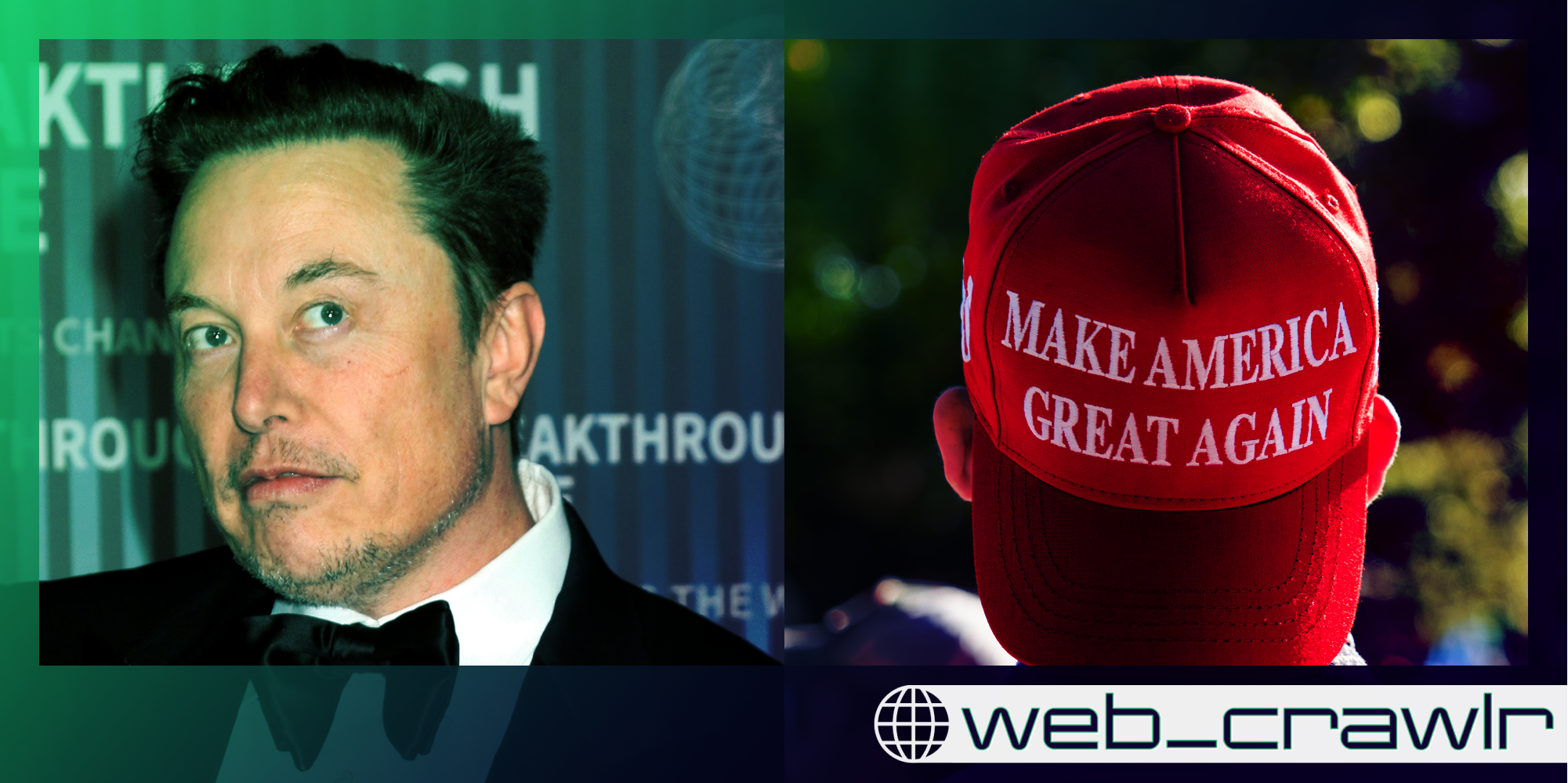 Elon Musk next to a MAGA hat. The Daily Dot newsletter web_crawlr logo is in the bottom right corner.