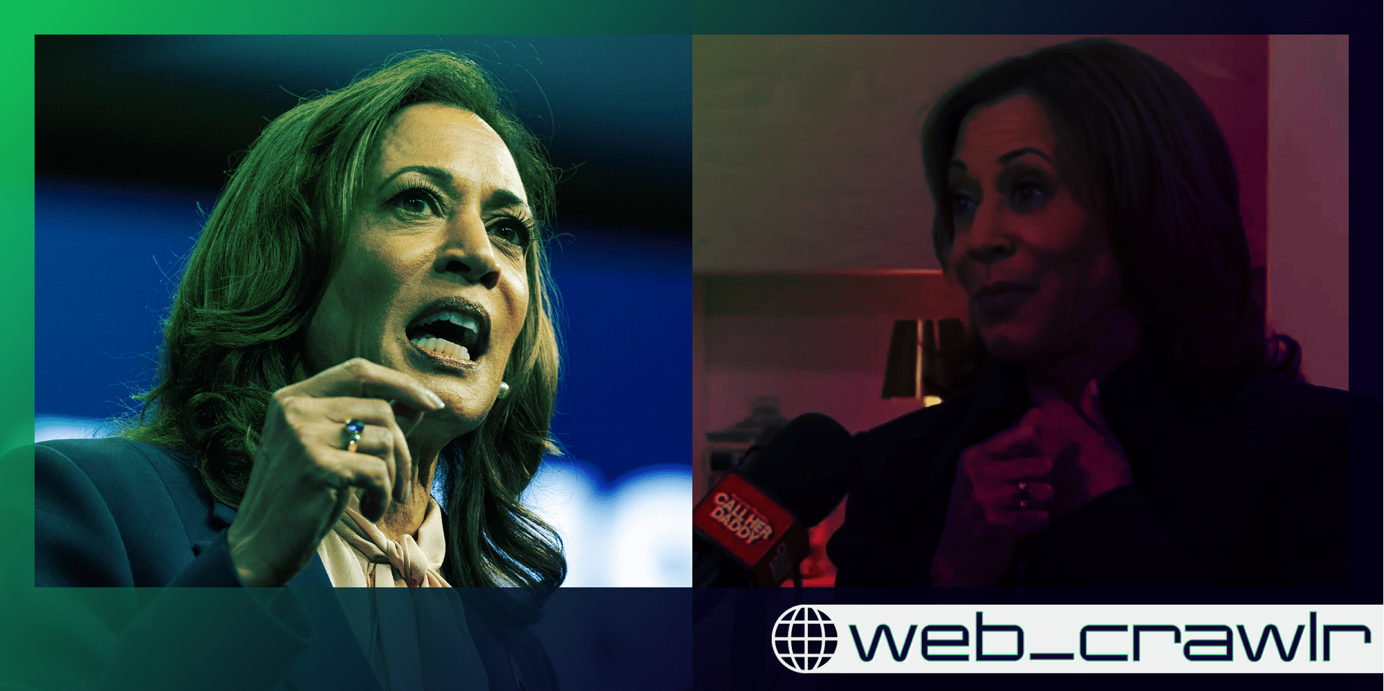 A side by side of Kamala Harris. The Daily Dot newsletter web_crawlr logo is in the bottom right corner.