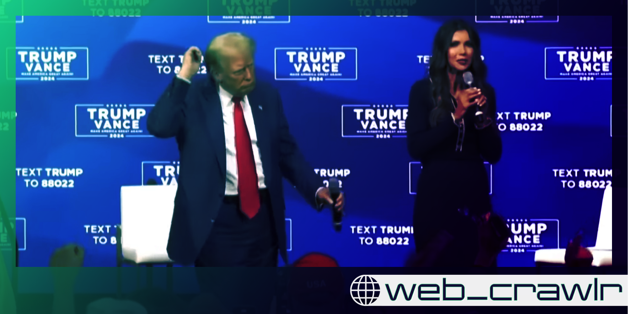 Donald Trump dancing on a stage. The Daily Dot newsletter web_crawlr logo is in the bottom right corner.