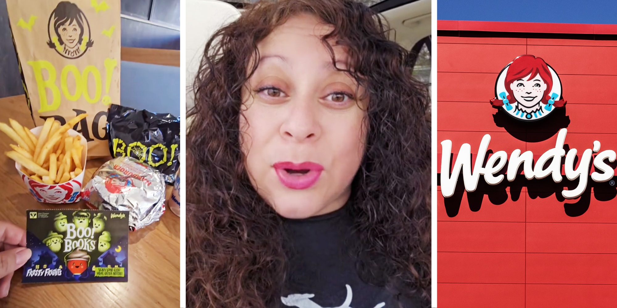 Boo Bag promotion(l), Woman talking(c), Wendy's(r)