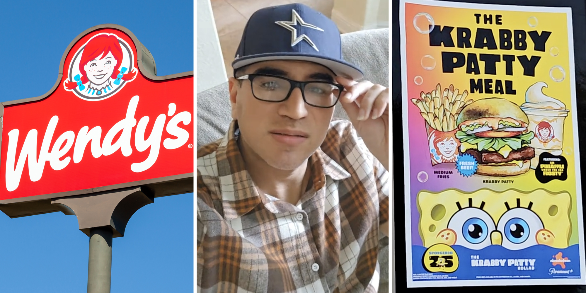 Wendy's sign(l), Man talking to camera(c), Krabby Patty Meal sign(R)