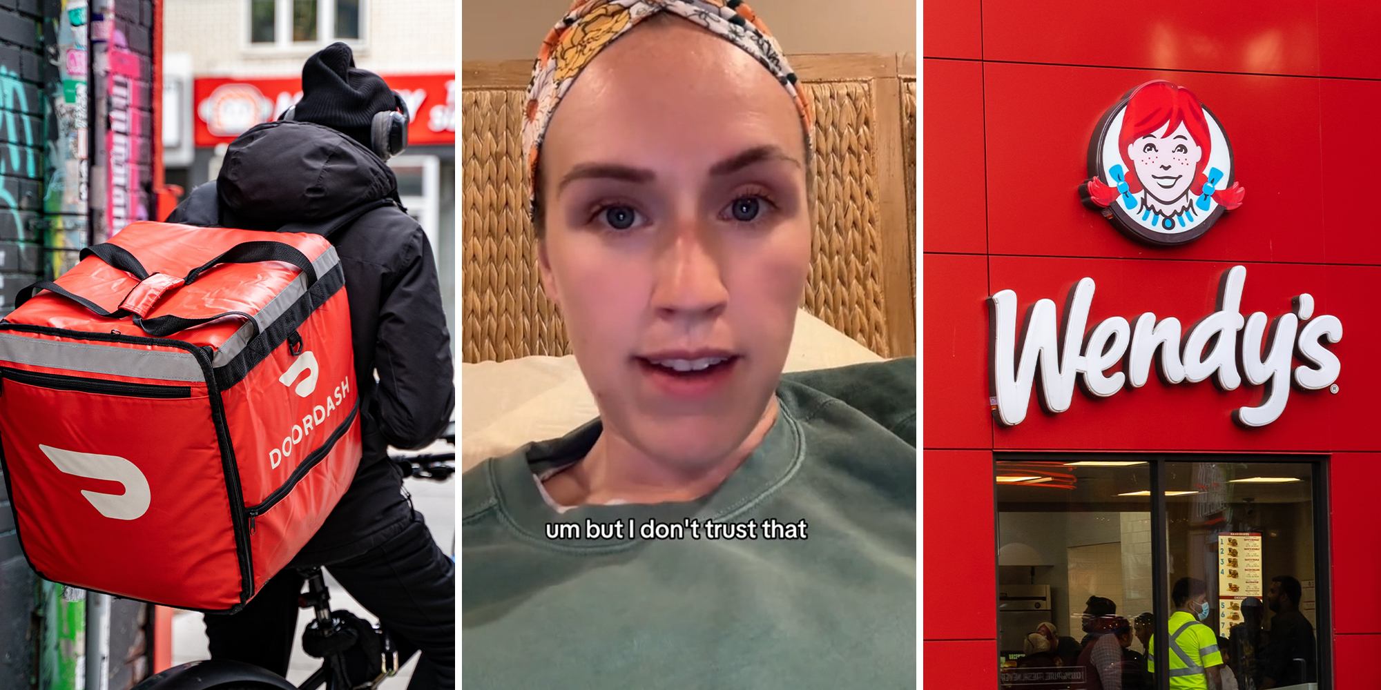 Door Dash Delivery Man on a bike(l) Wendy's Restaurant Sign(c) Woman wearing green shirt(r)