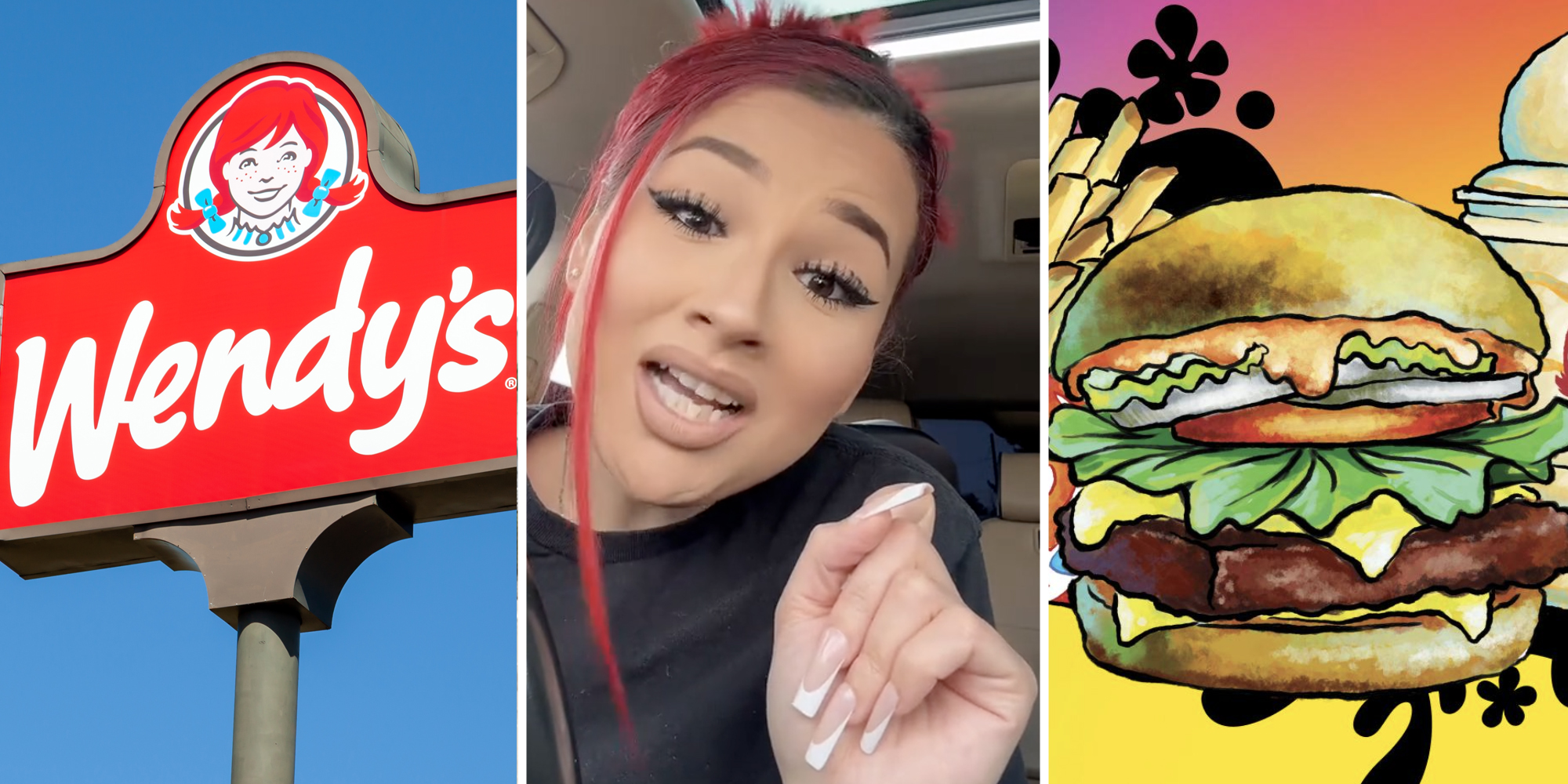 Wendy's sign(l), Woman talking(c), Krabby Patty Illustration(r)