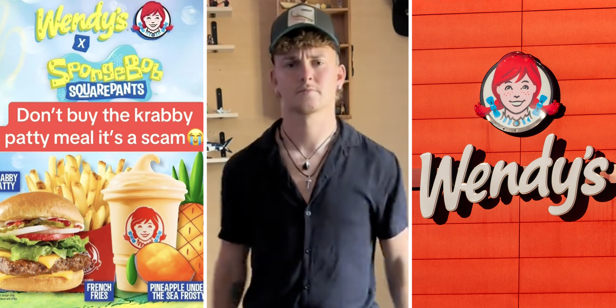 Wendy's Spongebob collab image(l), Man posing(c), Wendy's sign(r)