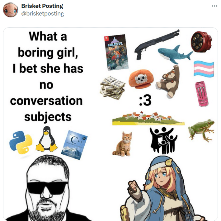 Meme with the Consoomer on the left and the Doomer Tradwife replaced with a video game character.