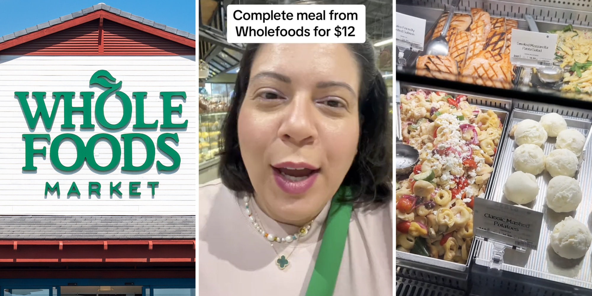 Whole Foods Market storefront(l), Woman talking with text that says "complete meal from Wholefoods for $12"(c), Deli food trays(r)