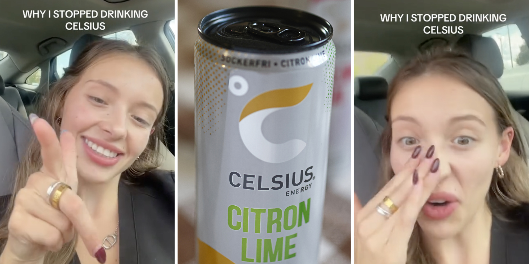 Woman talking with text that says "why I stopped drinking Celsius"(l+r), Can of Celsius(c)