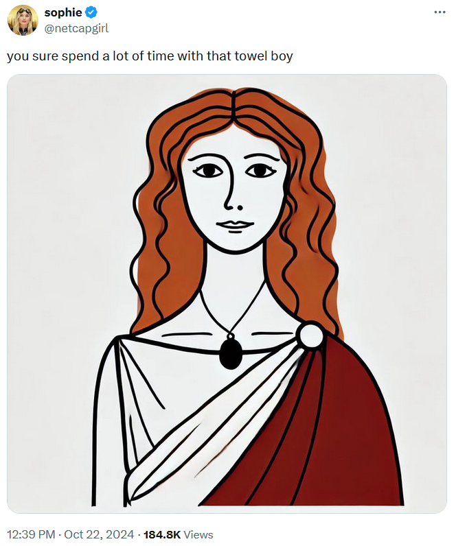 Wifejak Facing Forward meme dressed in Roman robes asking about the towel boy.